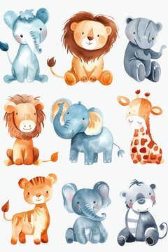 Watercolor tableau of cute zoo animals, each in random vignettes on white