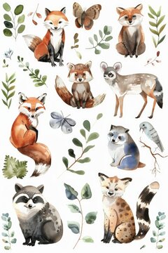 Watercolor tableau of cute zoo animals, each in random vignettes on white