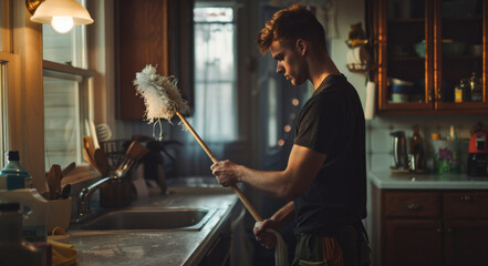 A man holding a broom in a kitchen. Suitable for household cleaning advertisements - obrazy, fototapety, plakaty