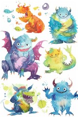 Whimsical watercolor monsters, playful and vibrant, set against white