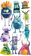 Whimsical watercolor portrayal of cartoon monsters, set on white