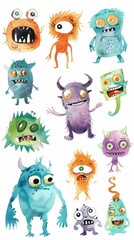 Whimsical watercolor portrayal of cartoon monsters, set on white