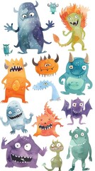 A random, playful collection of cartoon monsters in watercolor on white