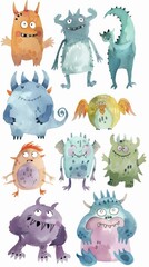 A random, playful collection of cartoon monsters in watercolor on white