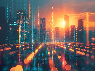 Foto op Plexiglas City skyline illuminated by vibrant colors at night - Urban Abstract Background © Bendix