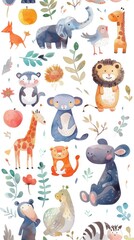 A whimsical array of zoo animals, depicted in watercolor cuteness on white