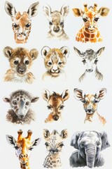 Captivating watercolor portrayals of zoo animals, assorted cutely on white