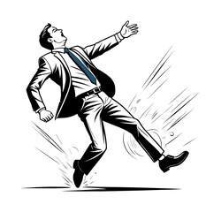 Vintage style vector of a businessman slipping and falling, adding humor to unexpected situations