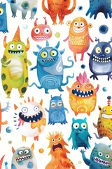 Fotobehang Monster Cartoon monsters in a playful watercolor style, arranged randomly on white