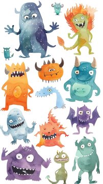 A random, playful collection of cartoon monsters in watercolor on white