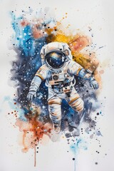 Chibi astronaut in watercolor, floating amidst stars on a white canvas