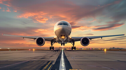Fototapeta na wymiar A photo of an airplane taking off from the runway at dawn,
