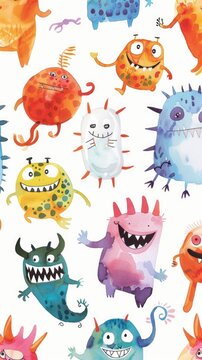 Cheerful cartoon monsters in watercolor, scattered randomly on white