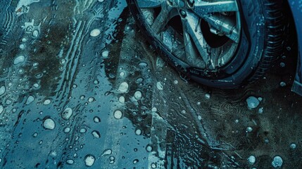 Close up of a car tire on a wet road. Great for automotive or safety concepts - obrazy, fototapety, plakaty