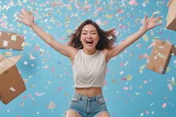 Asian woman celebrating with confetti falling