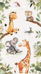 Enchanting zoo animals in playful watercolor scenes, elegantly set on white