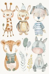 Dreamy watercolor zoo animals in a cute ensemble, presented on a white canvas