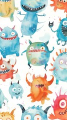 Engaging watercolor illustrations of playful monsters on a white scene