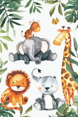 Endearing zoo animals in mixed settings, captured in watercolor on white background
