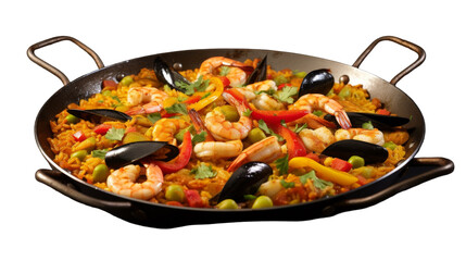 A skillet brimming with a delectable blend of fresh seafood and fluffy rice, ready to be savored