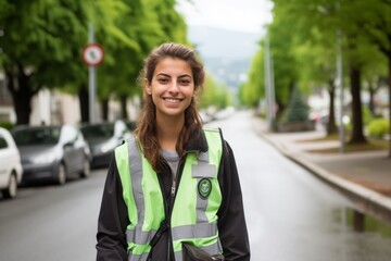 Fototapeta premium Portrait of a young woman wearing a green vest