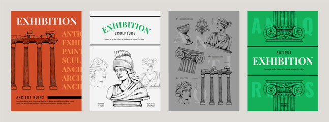 Greek posters. Rome and Greece art. Ancient statues. Museum exhibition. Athens marble column and gods sculpture for retro mythology. Antique monument. Vector gallery flyers design set