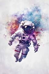 Ethereal watercolor depiction of a chibi astronaut floating in space on white