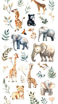 Enchanting zoo animals in playful watercolor scenes, elegantly set on white