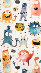 Playful cartoon creatures in watercolor, randomly placed on a white canvas