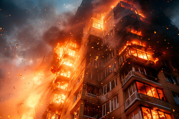 The windows of the building are engulfed in flames. Fire in the house - obrazy, fototapety, plakaty
