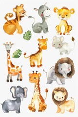 Random assortment of cute zoo animals, painted in watercolors on a white base