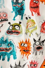 Randomly placed, playful monsters in vivid watercolors on white