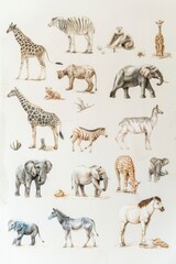 Softly painted zoo animals in cute, random settings, showcased on white