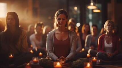a group of women are meditating in a yoga studio - obrazy, fototapety, plakaty