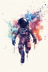 Fototapeta na wymiar Space odyssey Chibi astronaut in watercolor, randomly floating on white