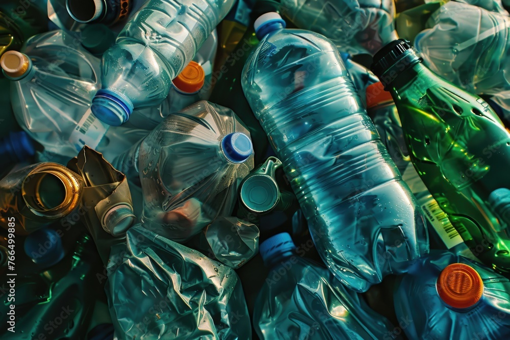 Poster a pile of empty plastic water bottles. suitable for environmental and recycling concepts