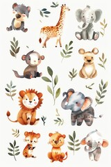 Watercolor art of adorable zoo animals in varied scenes on a pure white background