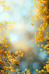 Bright mimosa in the sun's rays. Spring and holiday concept