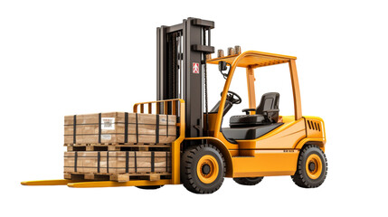 A forklift carrying multiple pallets stacked high in a warehouse