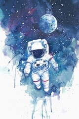 Watercolor chibi astronaut, serenely floating in space, showcased on white