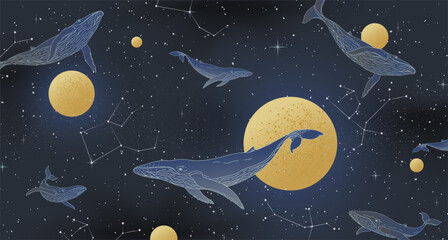 Line whale. Ocean sea fish, geometric animal pattern or modern art, yellow ink golden moon, stars and space on background, nature fantasy print. Vector illustration wallpaper design