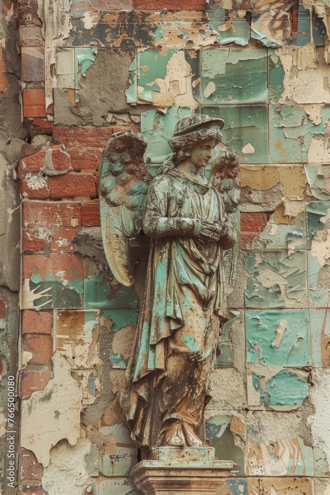 Poster a statue of an angel on the side of a building. suitable for architectural design projects