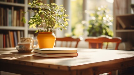 An open book sits on a wooden table in front of a window with a potted plant and teacup in the background - obrazy, fototapety, plakaty