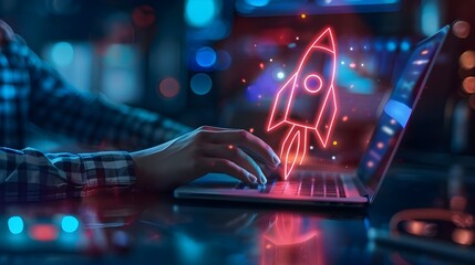 Startup business concept, Businessman use laptop with virtual screen of rocket icon and up arrow for fast start up business. Strategic planning and business success Ai Generated - obrazy, fototapety, plakaty