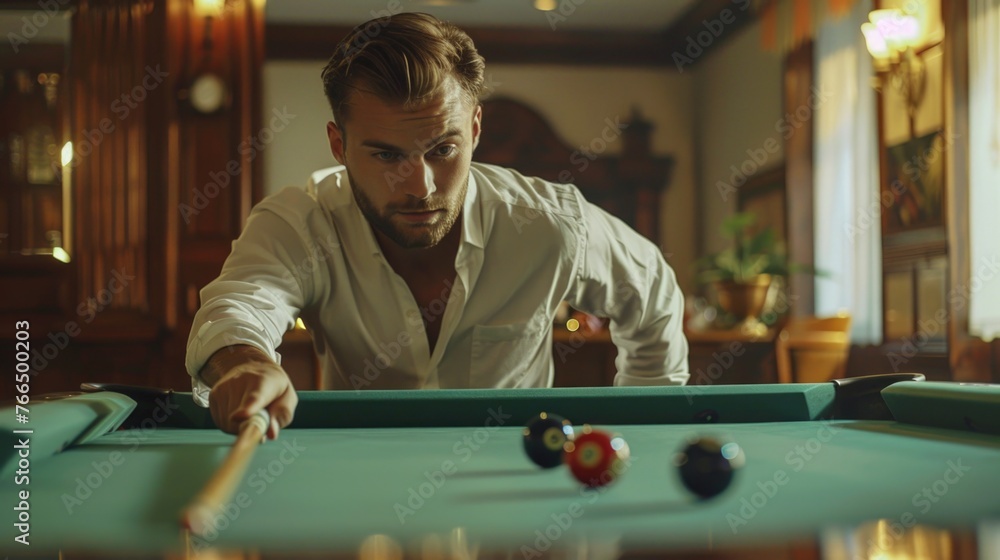 Poster A man focused on playing pool. Suitable for recreational or sports concepts