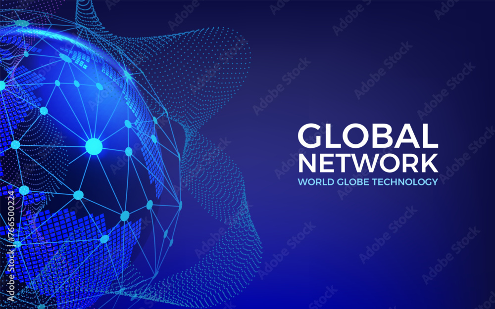 Poster Earth map. World globe, global digital network technology, planet data tech science, blue lights. Web banner, glowing map. Worldwide online connection background. Vector abstract graphic