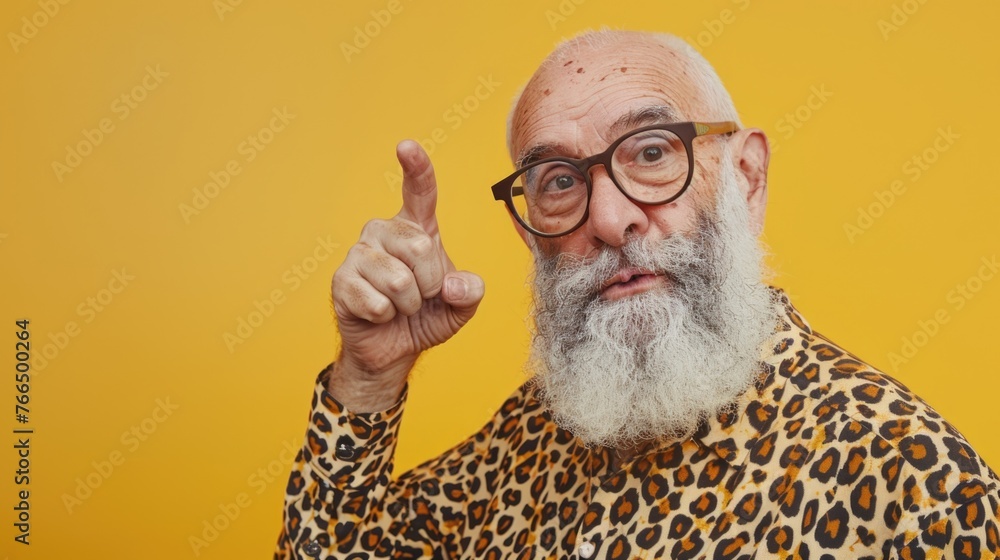 Poster a man with a beard and glasses pointing at something. suitable for business presentations