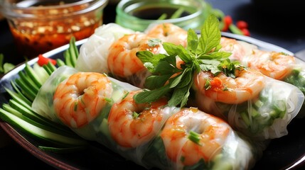 Fresh and delicious Vietnamese spring rolls with shrimp, vegetables, and herbs - obrazy, fototapety, plakaty