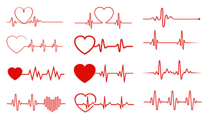 Heart beat pulse one line, hand drawn cardiogram wave set sign, continuous lines heart beats, heartbeat ekg collection - 766500234