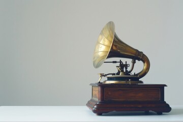Vintage gramophone on a wooden table, suitable for music or nostalgia concepts - obrazy, fototapety, plakaty